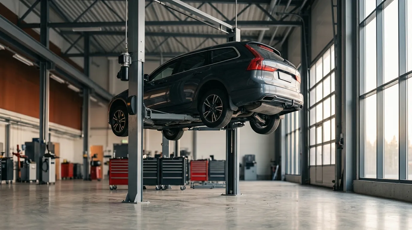 Auto nostettuna nosturille korjaamohallissa